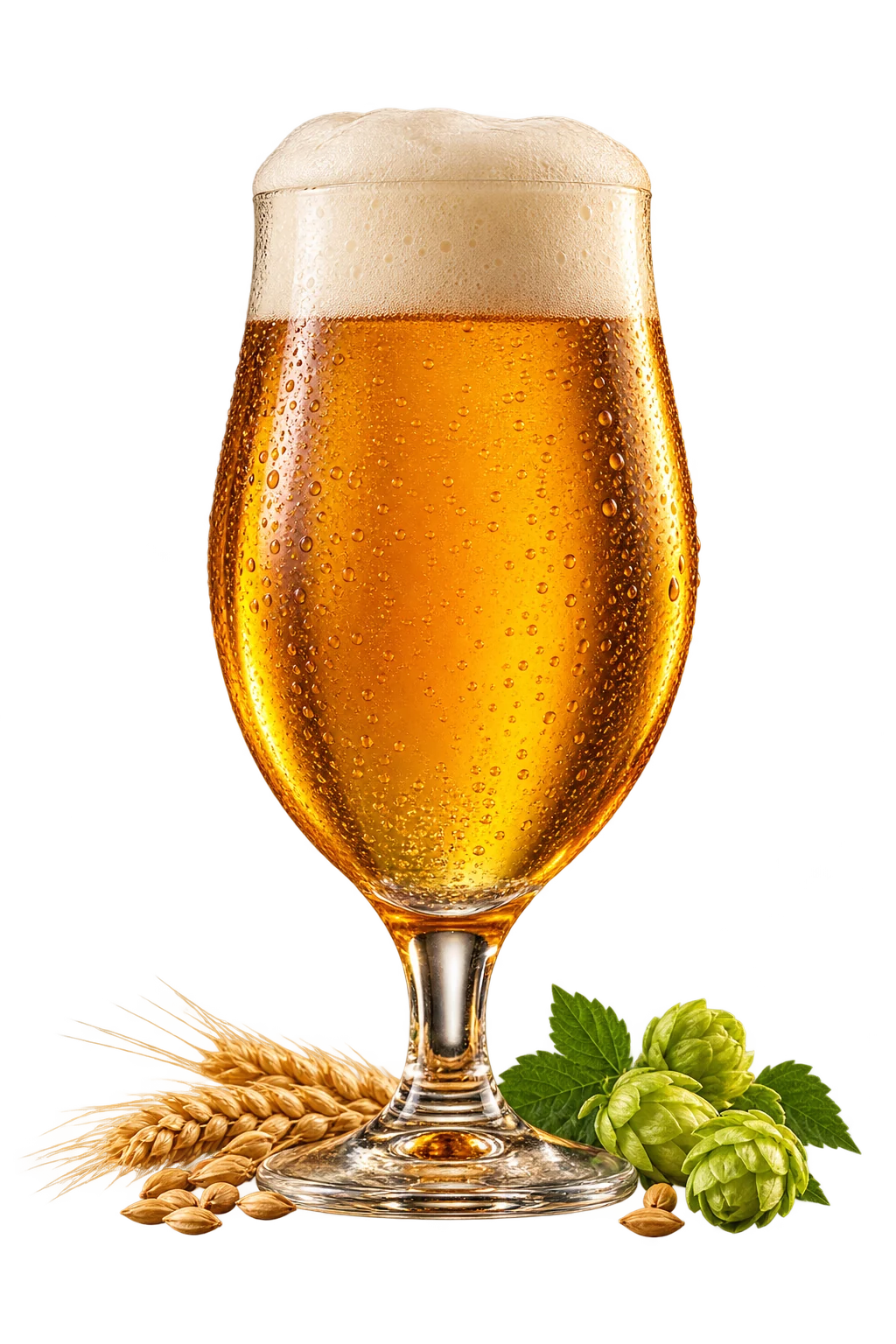 Calice di birra artigianale ambrata con schiuma, orzo e luppolo